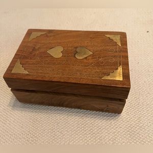 Vintage Made in India Brass Inlay Wooden Hand Carved Trinket Box